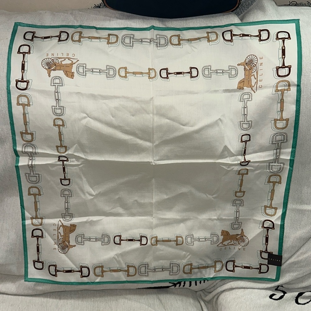 Celine scarf 23” x 23” green brown and white with horse and carriage
